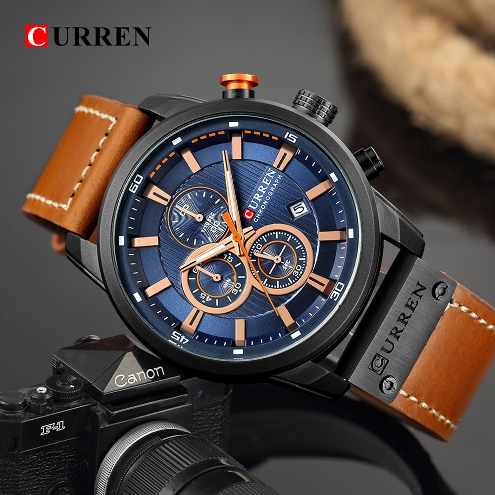 Luxury analog-digital leather men's military quartz watch with army-style design and robust features.