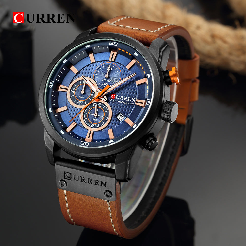 Luxury analog-digital leather men's military quartz watch featuring a rugged design and multiple time display options.