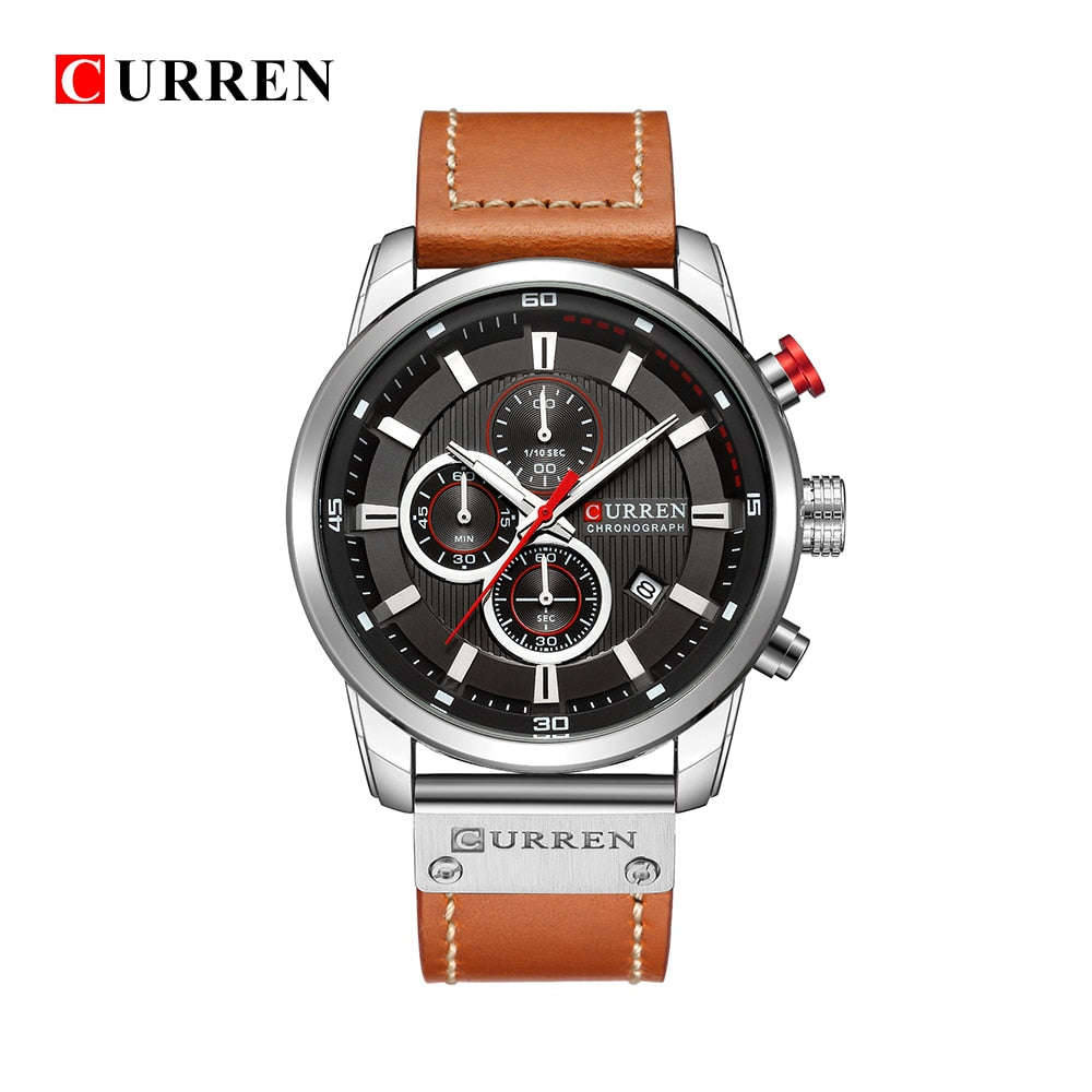 Luxury analog-digital leather men's military quartz watch with digital display and sturdy band, designed for sports and military style.