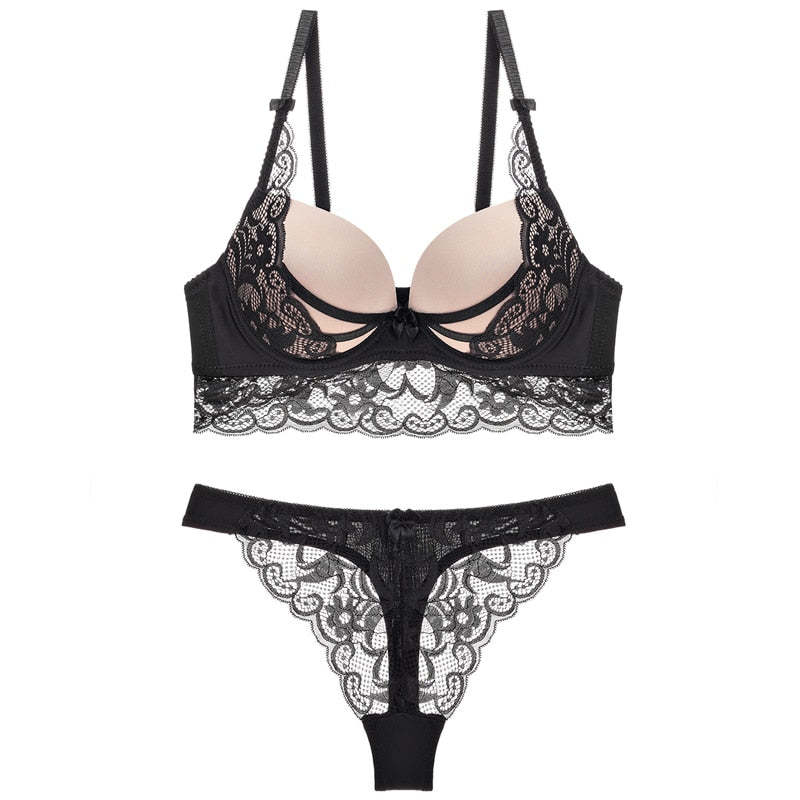 Lace hollow bra and G-string thong lingerie set by The Clothing Company Sydney, featuring delicate lace details and comfortable fit.
