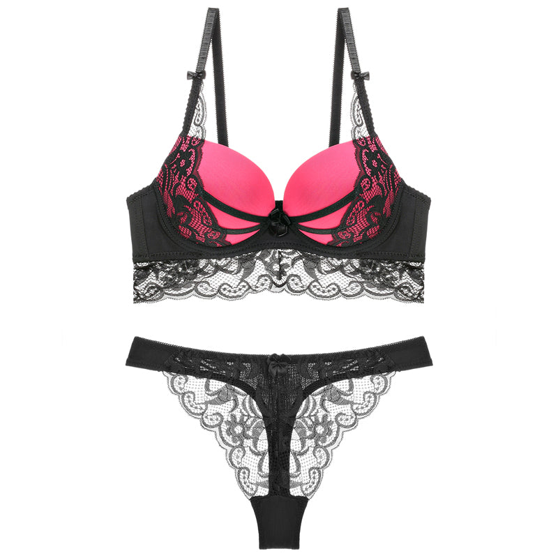 Lingerie set with lace hollow bra and G-string thong from The Clothing Company Sydney, featuring delicate lace details and a feminine design.