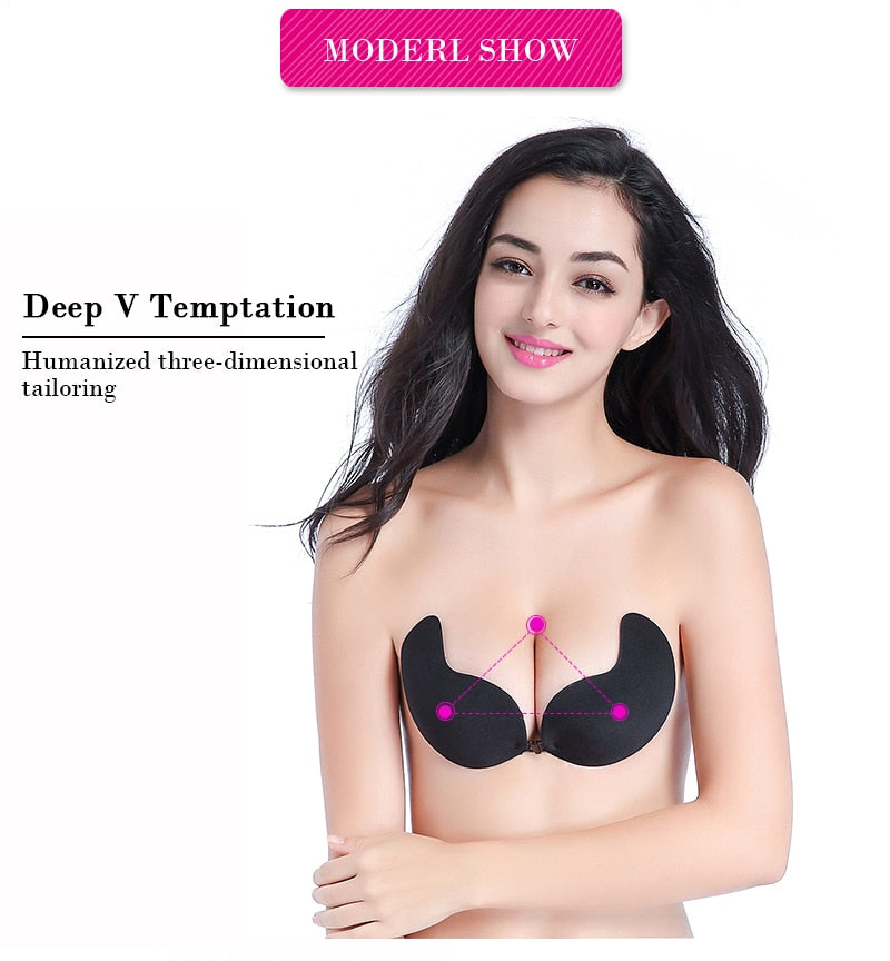 Seamless, backless silicone push-up bra by The Clothing Company Sydney, self-adhesive and strapless lingerie for a smooth fit.