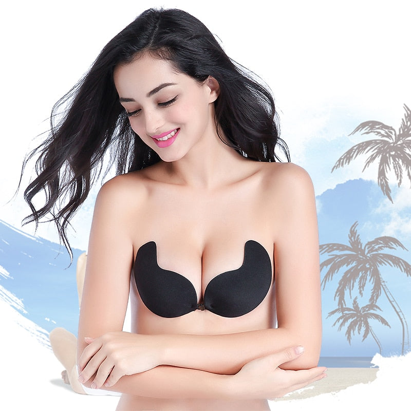Silicone strapless push-up self-adhesive backless seamless bra from The Clothing Company Sydney, shown on a model.
