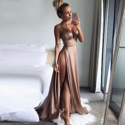 Deep V-Neck Sleeveless Spaghetti Strap Backless Side High Split Sexy Long Maxi Party Dress The Clothing Company Sydney
