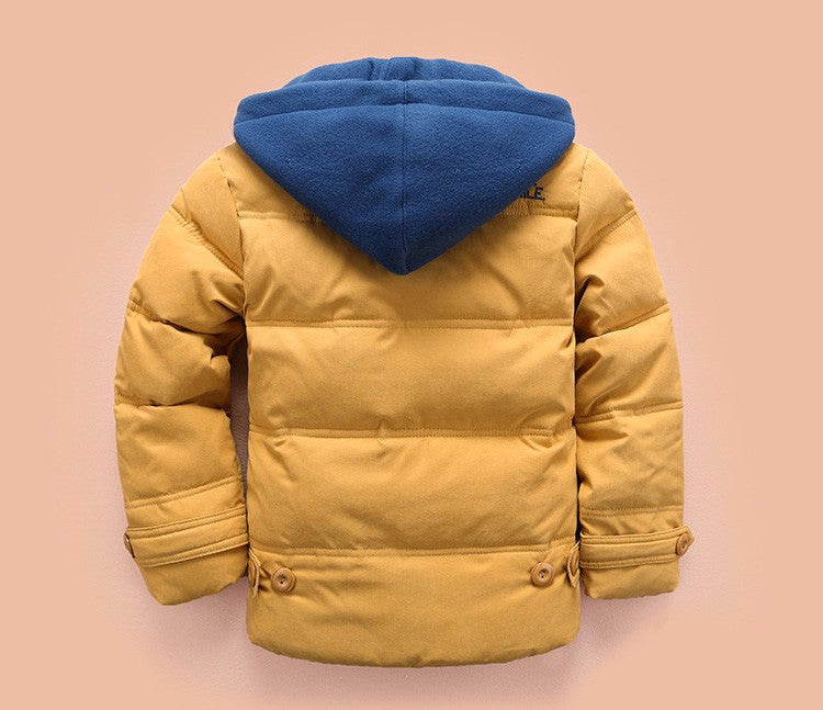 Boys wearing a warm, hooded puffer jacket from The Clothing Company Sydney, casual style, outdoor winter top.