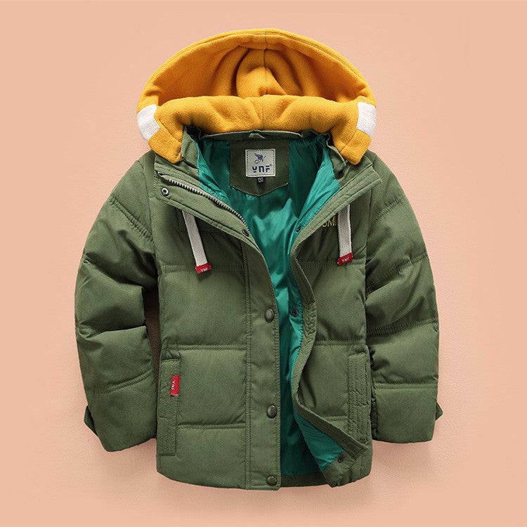 Boys warm hooded puffer jacket from The Clothing Company Sydney, casual style with a front zipper and cozy hood.