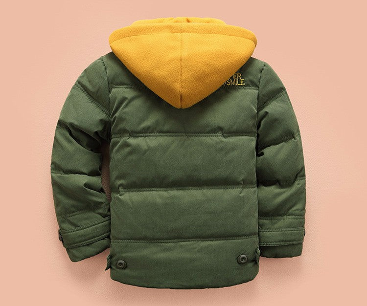 Boys’ casual warm hooded puffer jacket from The Clothing Company Sydney, shown in a front view with quilted design and adjustable hood.
