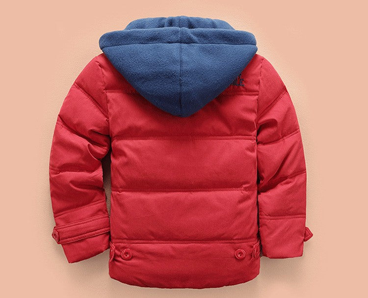 Boys in a warm hooded puffer jacket from The Clothing Company Sydney, casual winter top with quilted design and front pockets.