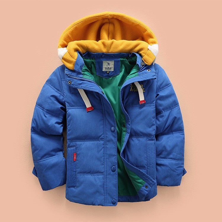 Boys wearing a warm, casual hooded puffer jacket from The Clothing Company Sydney, showing front view and hood detail.