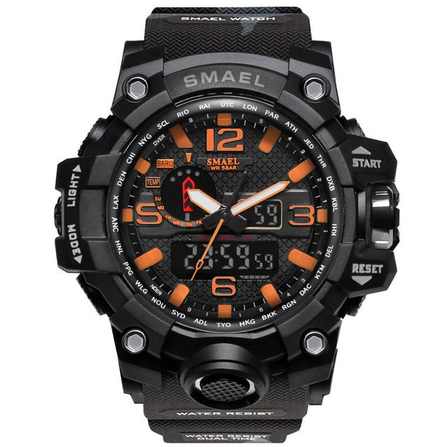 Men's sports dual display analog digital LED quartz watch with waterproof design, suitable for swimming and military use.
