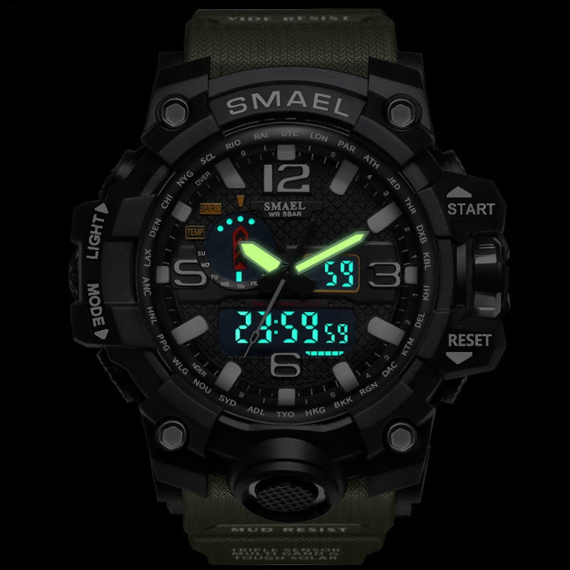 Men's sports dual display analog digital LED quartz watch with waterproof design, suitable for swimming and military use.