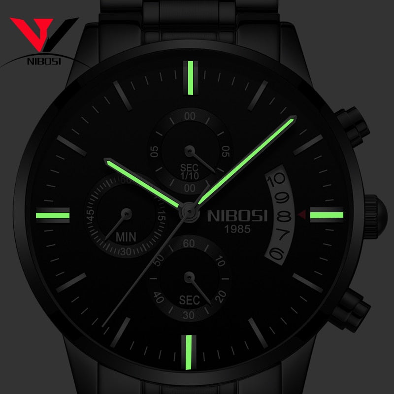 Luxury sports quartz water-resistant watch from The Clothing Company Sydney showing black dial, stainless steel band, and water resistance features.