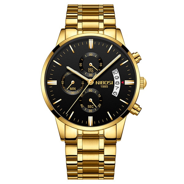 Luxury sports quartz water-resistant watch by The Clothing Company Sydney showing a sleek black dial and stainless steel band.