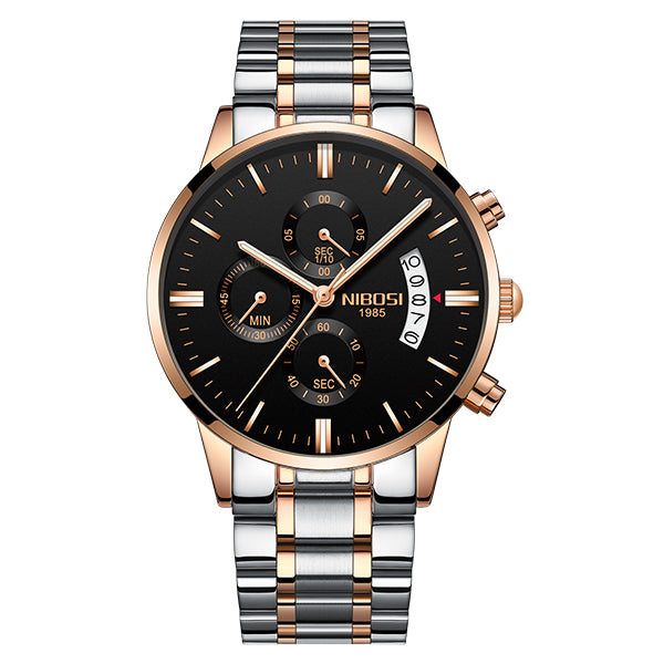 Luxury sports quartz water-resistant watch from The Clothing Company Sydney showing a sleek black dial and sturdy metal strap.