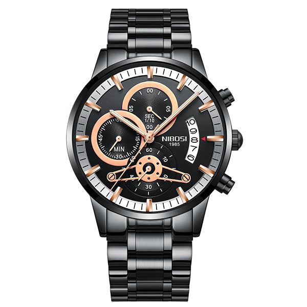 Luxury sports quartz watch by The Clothing Company Sydney with water-resistant design, stainless steel case, and black dial.
