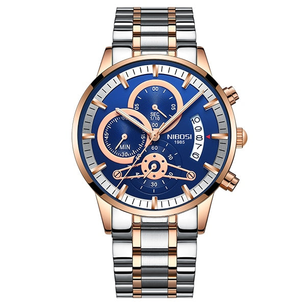 Luxury sports quartz water-resistant watch by The Clothing Company Sydney with black dial and stainless steel strap.