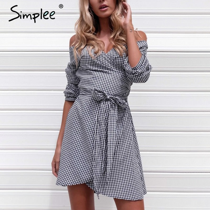 Blue and white plaid wrap dress with off-shoulder lantern sleeves and bow belt from The Clothing Company Sydney for autumn winter.