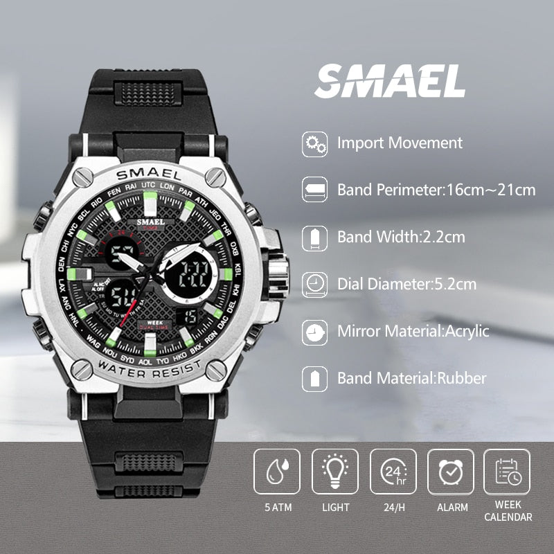 Men's Sport digital watch with LED display, 50m water resistance, multifunction quartz movement from The Clothing Company Sydney.