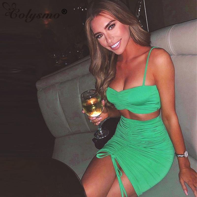 Green summer two-piece dress set for women featuring ruched crop top and matching skirt from The Clothing Company Sydney.