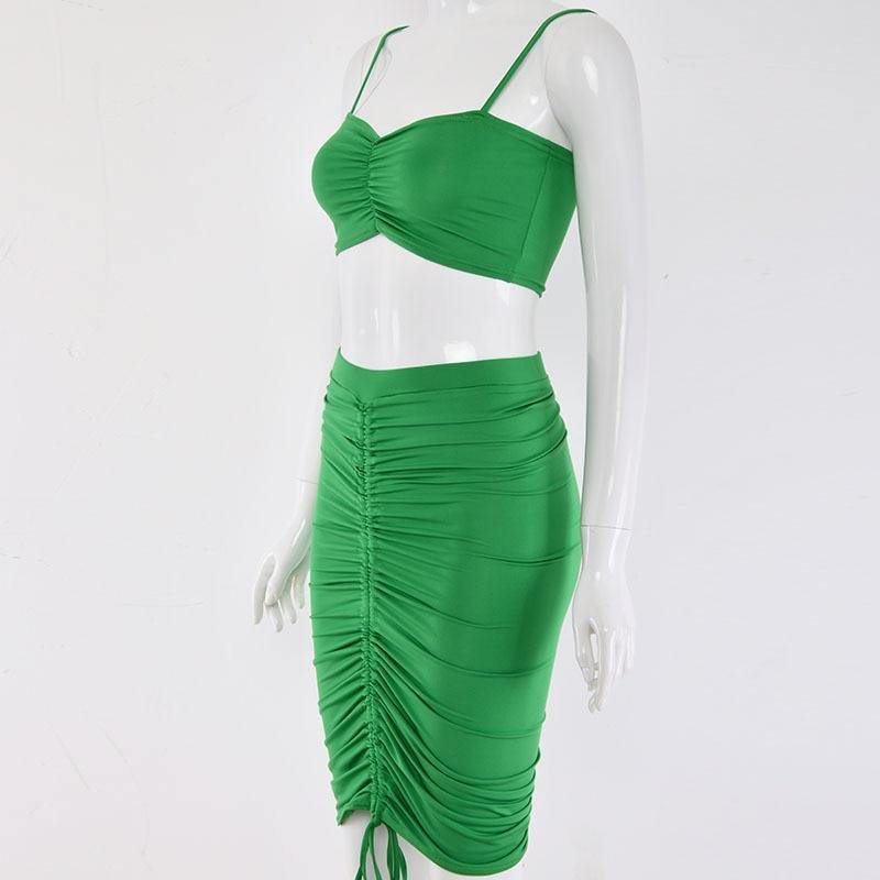 Green summer two-piece dress set for women with ruched crop top and matching skirt from The Clothing Company Sydney.