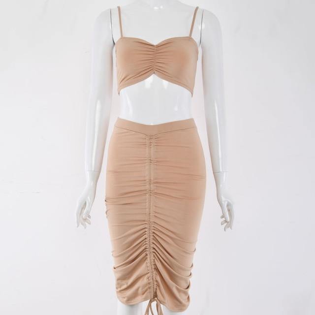 Green summer two-piece dress set for women featuring a ruched crop top and matching skirt, stylish clubwear by The Clothing Company Sydney.