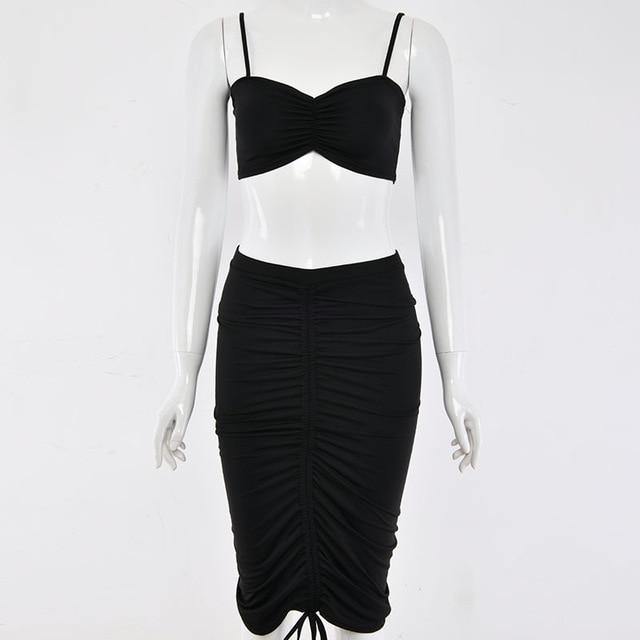 Green summer two-piece dress set for women by The Clothing Company Sydney, featuring a ruched crop top and matching skirt.