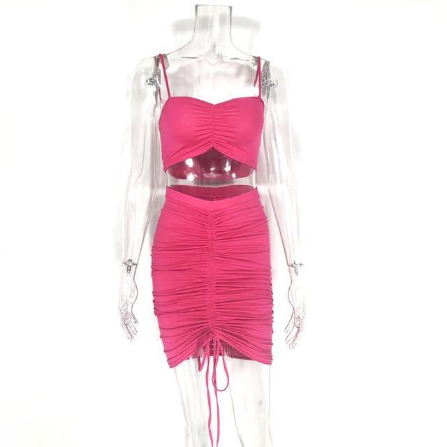 Green summer two-piece dress set for women, featuring a ruched crop top and matching skirt by The Clothing Company Sydney.