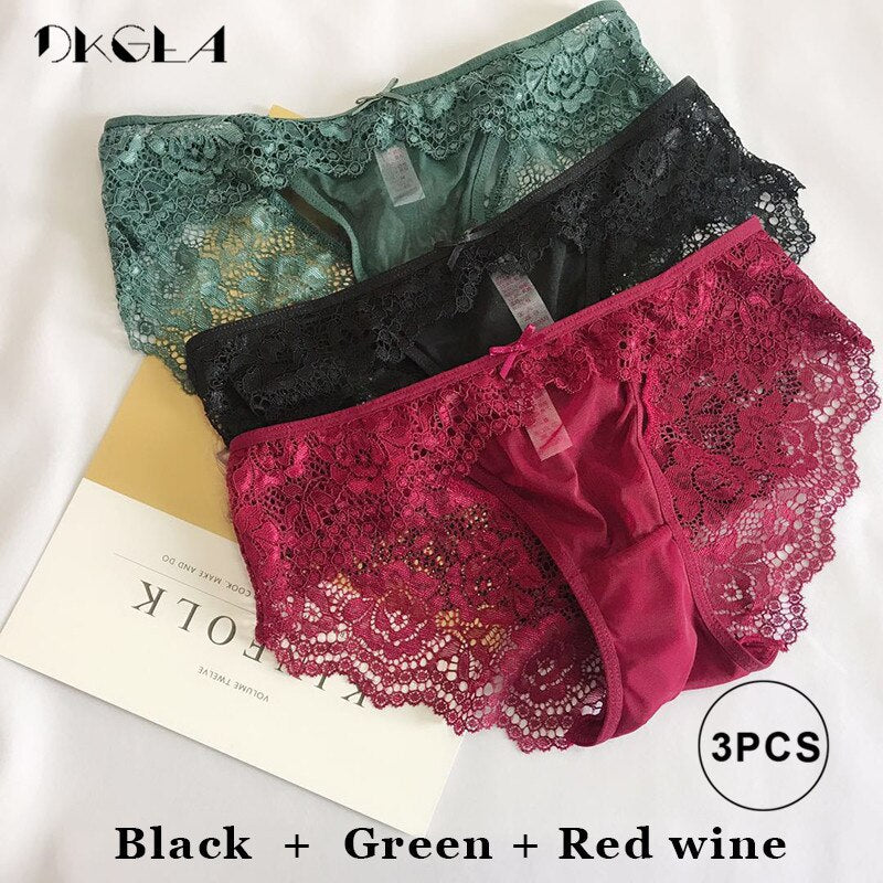 Three-piece set of low-rise white, green, and red lace transparent underwear with embroidery and hollow-out design from The Clothing Company Sydney.