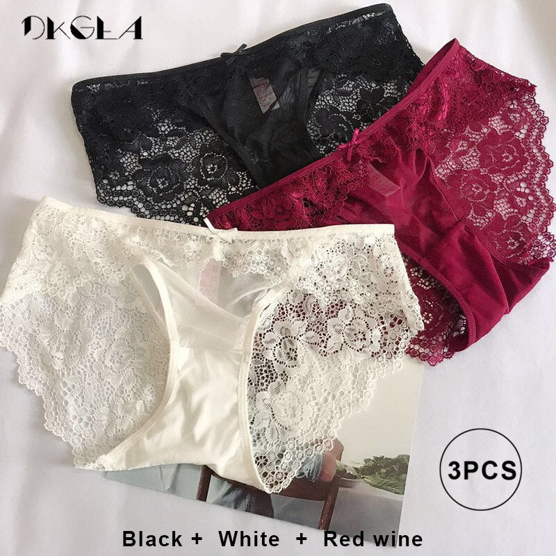 White, green, and red lace transparent lingerie briefs with hollow embroidery accents, low-rise design from The Clothing Company Sydney.
