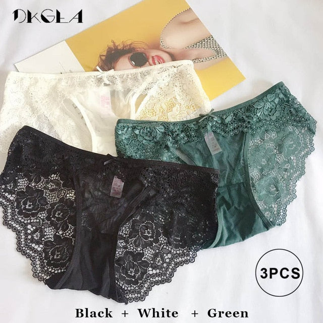 Three-piece set of low-rise white, green, and red lace transparent briefs with hollow embroidery from The Clothing Company Sydney.