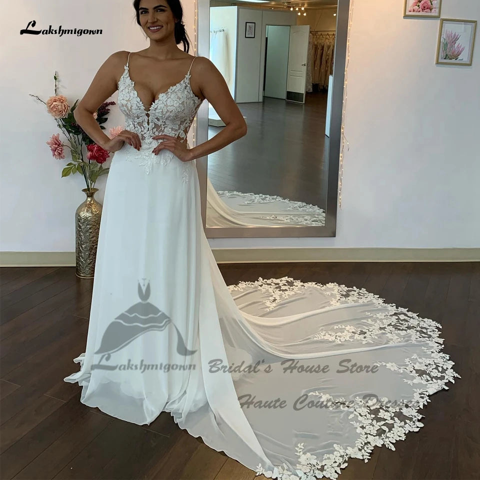 Drop Waist Chiffon Boho Robe Elegant Long Bridal Beach Wedding Gowns Floral Lace Appliques Spaghetti Strap Wedding Dress The Clothing Company Sydney