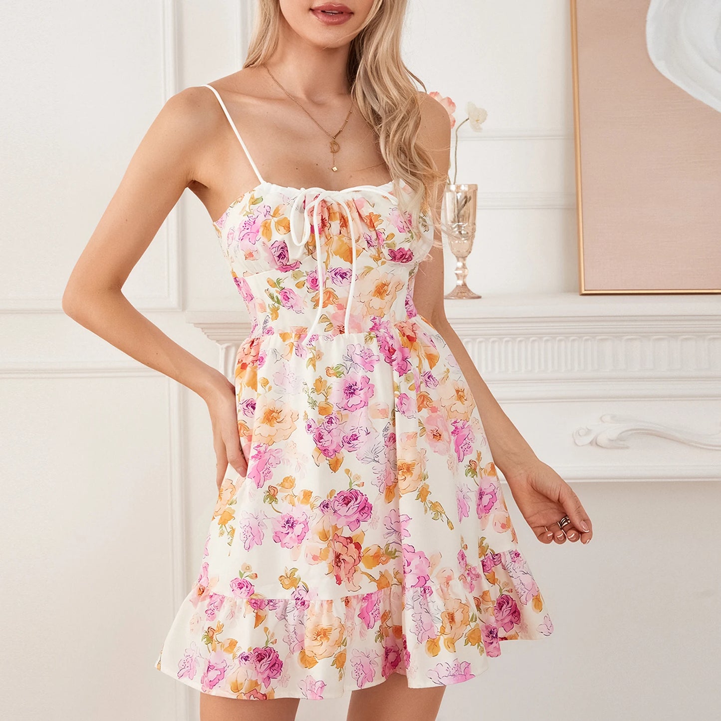 Summer Lace Floral Patchwork Corset Mini Sleeveless Square Neck Tie-up Short A-line Flowy Party Dress