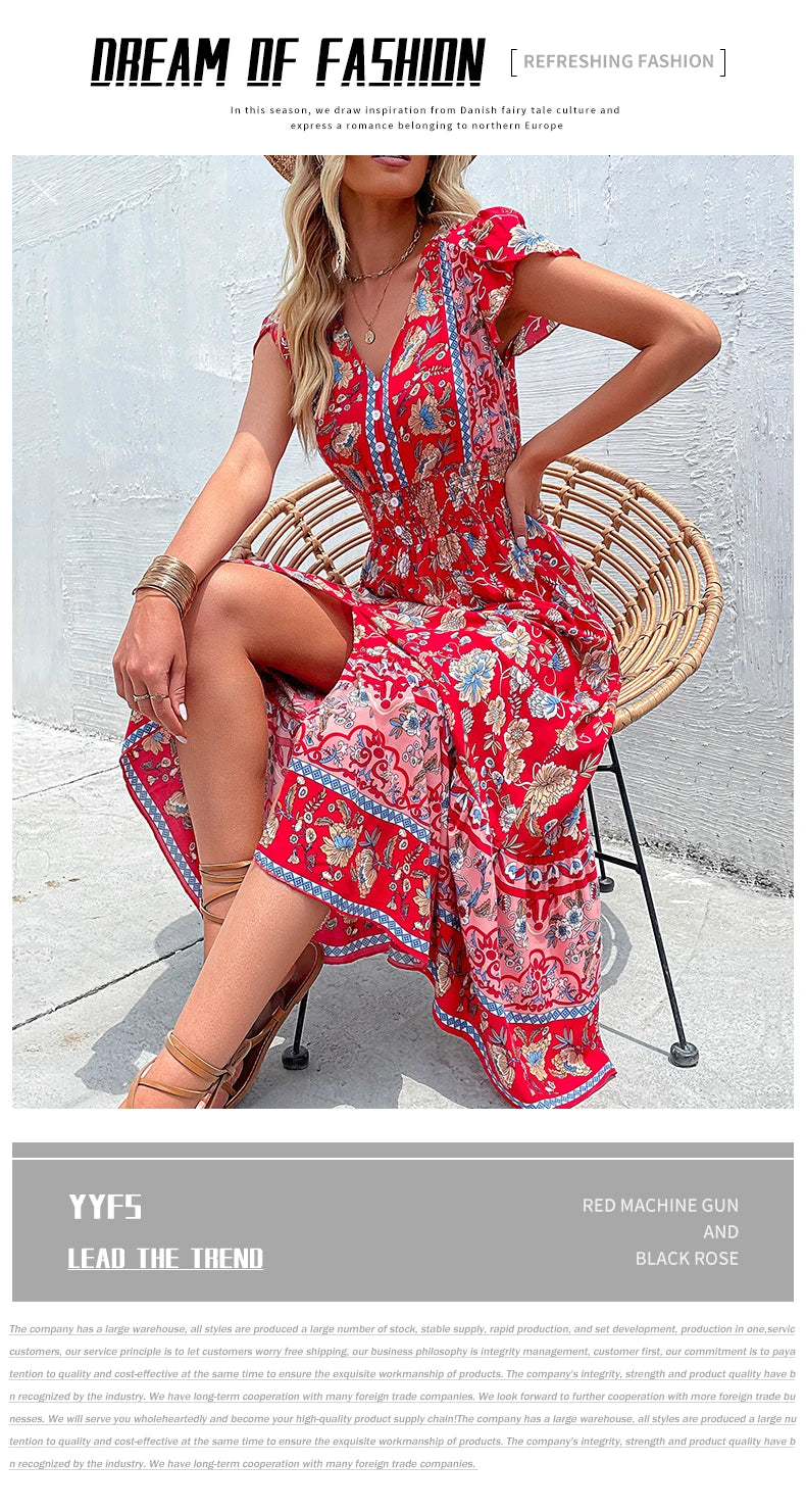 Short Sleeves V Neck Vintage Floral Boho Printed Slit Midi Dresses A Line Bohemian Summer Beach Dress