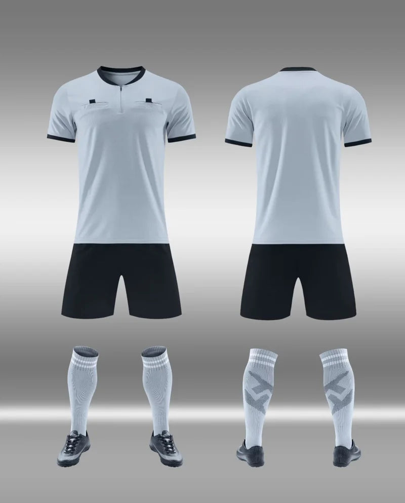 Mens Soccer Short Sleeve Football Referee Uniform Breathable Match Shirt with Pockets