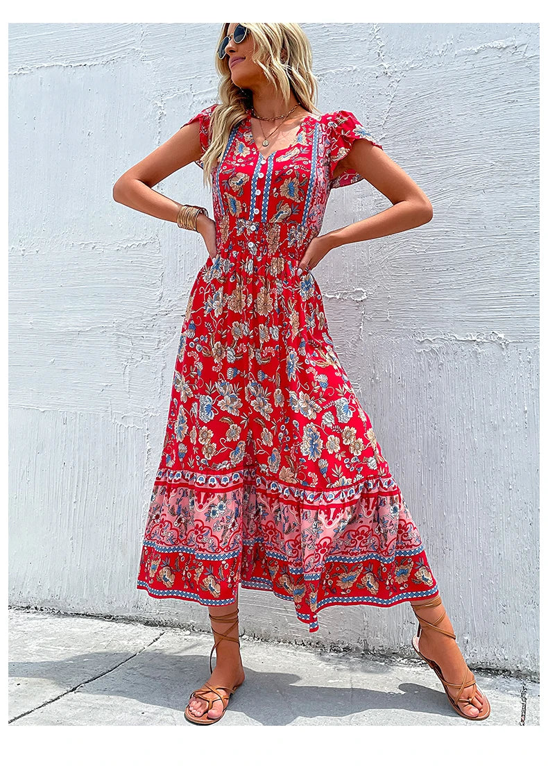 Short Sleeves V Neck Vintage Floral Boho Printed Slit Midi Dresses A Line Bohemian Summer Beach Dress