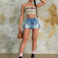 Women Fashion's Vintage Preppy Ripped Slant Pocket Denim Mini Skort Street Skinny Shorts The Clothing Company Sydney