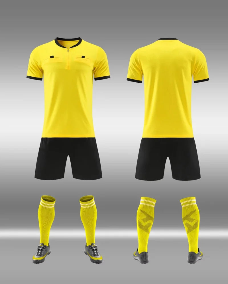 Mens Soccer Short Sleeve Football Referee Uniform Breathable Match Shirt with Pockets