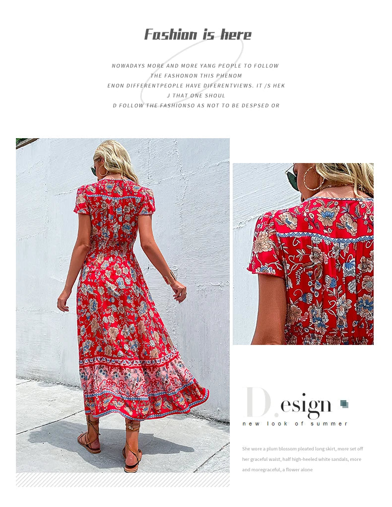 Short Sleeves V Neck Vintage Floral Boho Printed Slit Midi Dresses A Line Bohemian Summer Beach Dress