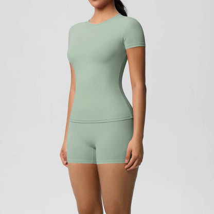 2 Piece Quick-Drying Gym Leggings Set Summer Short Sleeve Breathable Stretchy Yoga Slim Fitness Active Top Women's Cycling Bike Shorts The Clothing Company Sydney