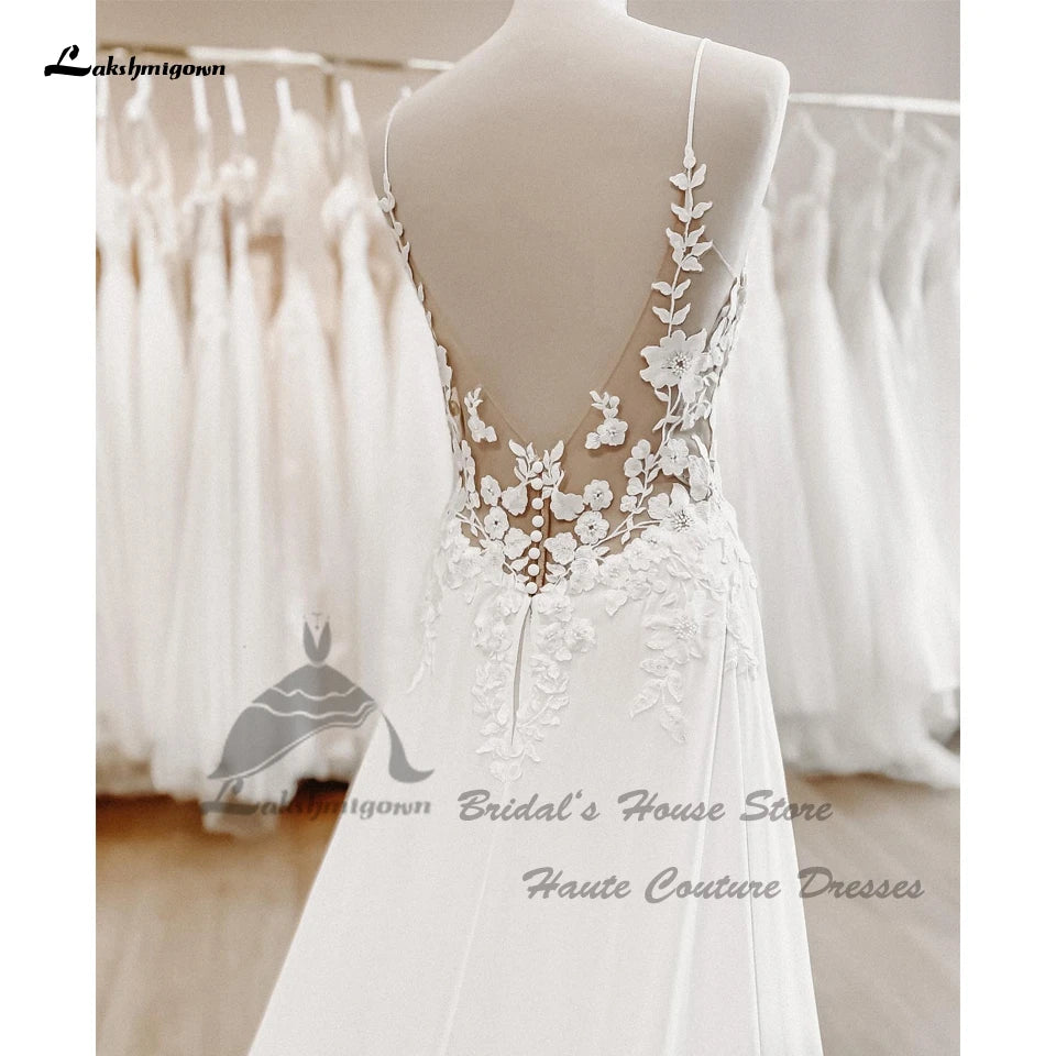 Drop Waist Chiffon Boho Robe Elegant Long Bridal Beach Wedding Gowns Floral Lace Appliques Spaghetti Strap Wedding Dress The Clothing Company Sydney