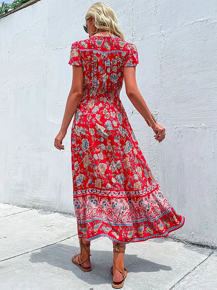 Short Sleeves V Neck Vintage Floral Boho Printed Slit Midi Dresses A Line Bohemian Summer Beach Dress The Clothing Company Sydney