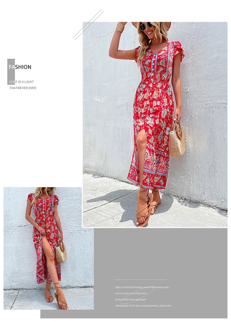 Short Sleeves V Neck Vintage Floral Boho Printed Slit Midi Dresses A Line Bohemian Summer Beach Dress