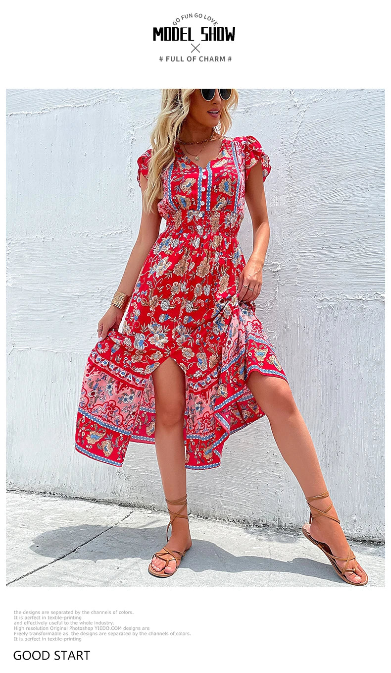 Short Sleeves V Neck Vintage Floral Boho Printed Slit Midi Dresses A Line Bohemian Summer Beach Dress