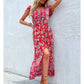 Short Sleeves V Neck Vintage Floral Boho Printed Slit Midi Dresses A Line Bohemian Summer Beach Dress