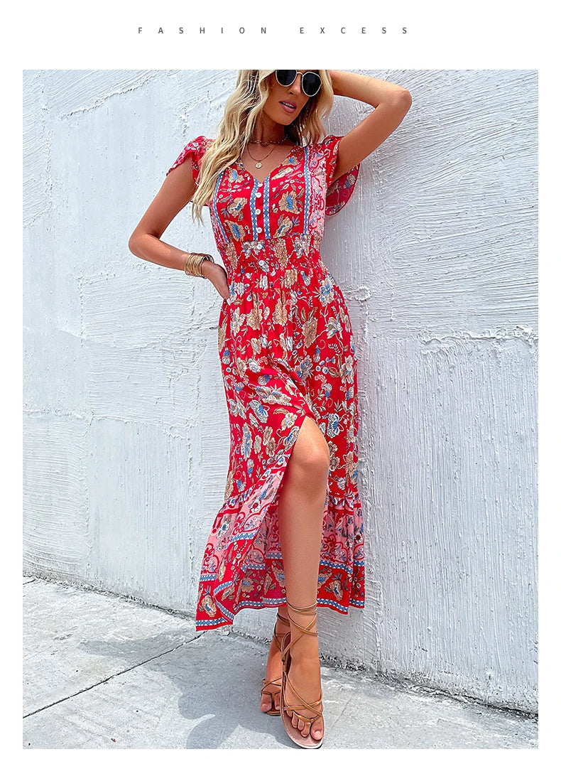 Short Sleeves V Neck Vintage Floral Boho Printed Slit Midi Dresses A Line Bohemian Summer Beach Dress