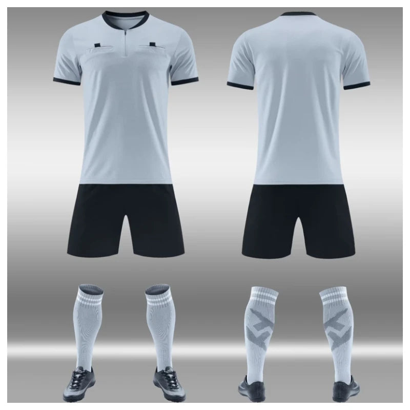 Mens Soccer Short Sleeve Football Referee Uniform Breathable Match Shirt with Pockets