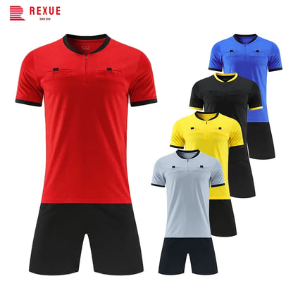Mens Soccer Short Sleeve Football Referee Uniform Breathable Match Shirt with Pockets