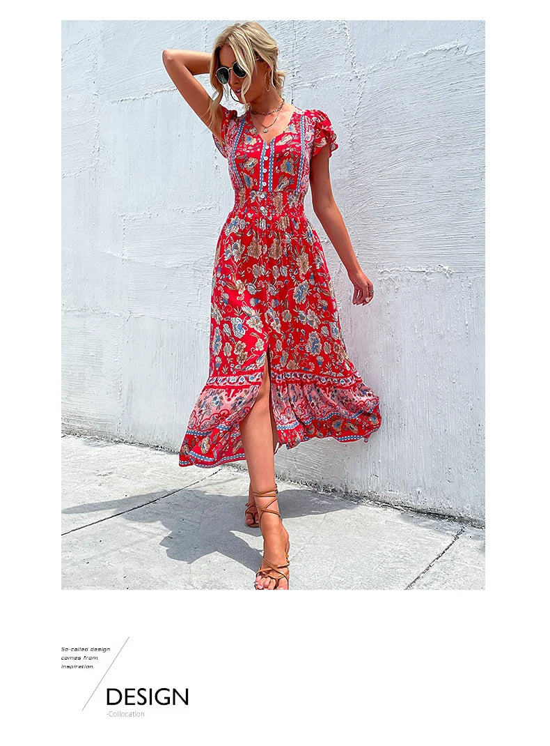 Short Sleeves V Neck Vintage Floral Boho Printed Slit Midi Dresses A Line Bohemian Summer Beach Dress