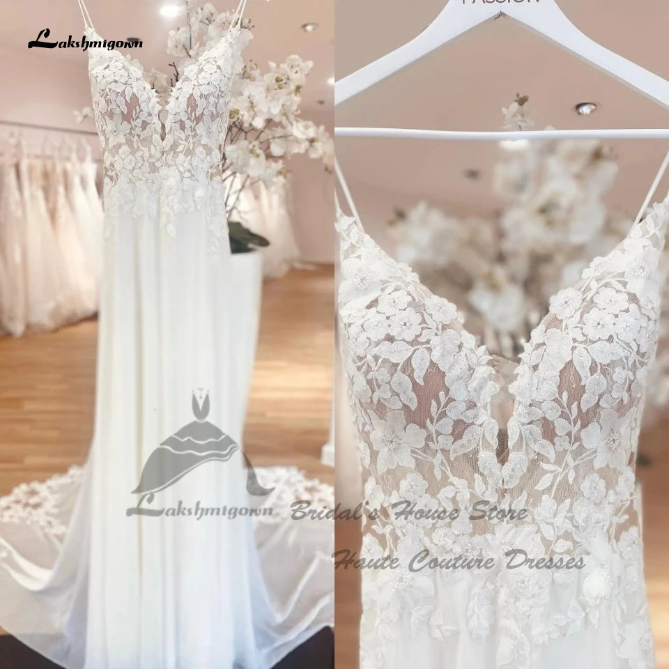 Drop Waist Chiffon Boho Robe Elegant Long Bridal Beach Wedding Gowns Floral Lace Appliques Spaghetti Strap Wedding Dress The Clothing Company Sydney