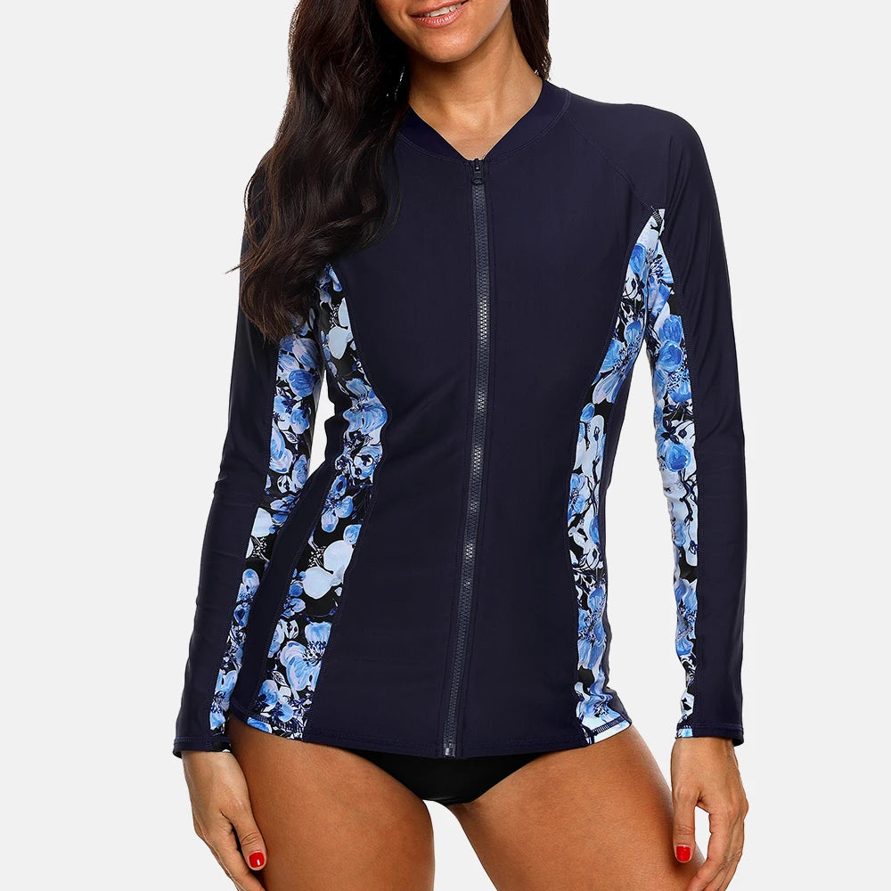 Women Long Sleeve Zipper Rashguard Top Floral Print Rush guard Swimwear Surfing UPF50+ Swimwsuit The Clothing Company Sydney